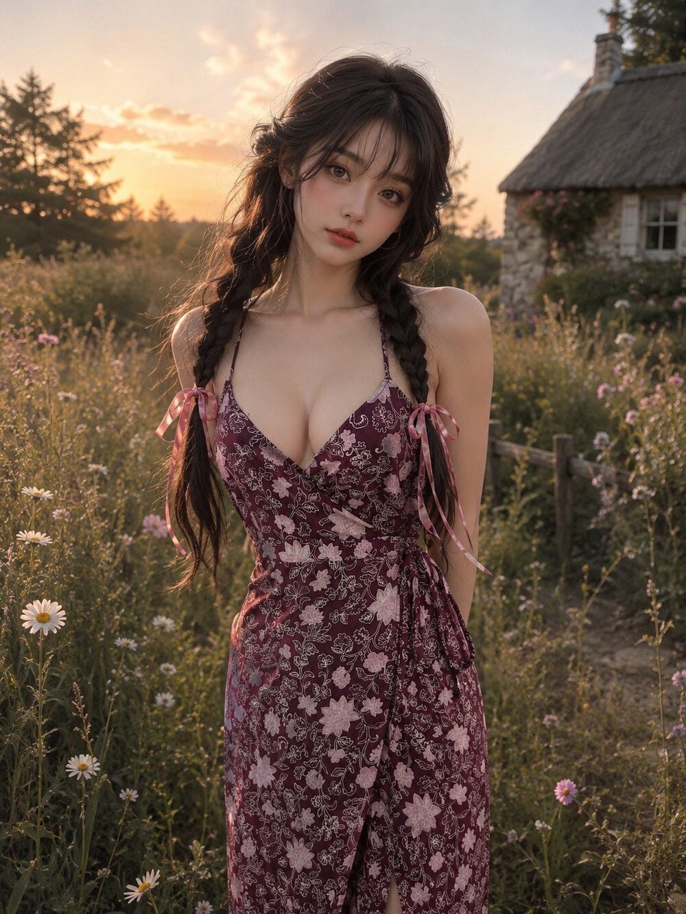 Whispers of Autumn Petals sugarplum floral meadowcore flowy wrap maxi dress sm
